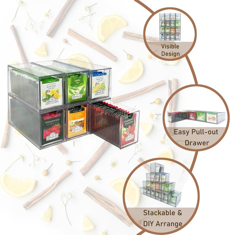 AZEZO 6-Pack Tea Bag Drawers Organizer - 6 Clear Plastic Drawer Tea Bag Holder; Stackable & Portable; Wider Size; Well-Organized Storage for Tea Bags Storage Chests；High Volume - Image 4